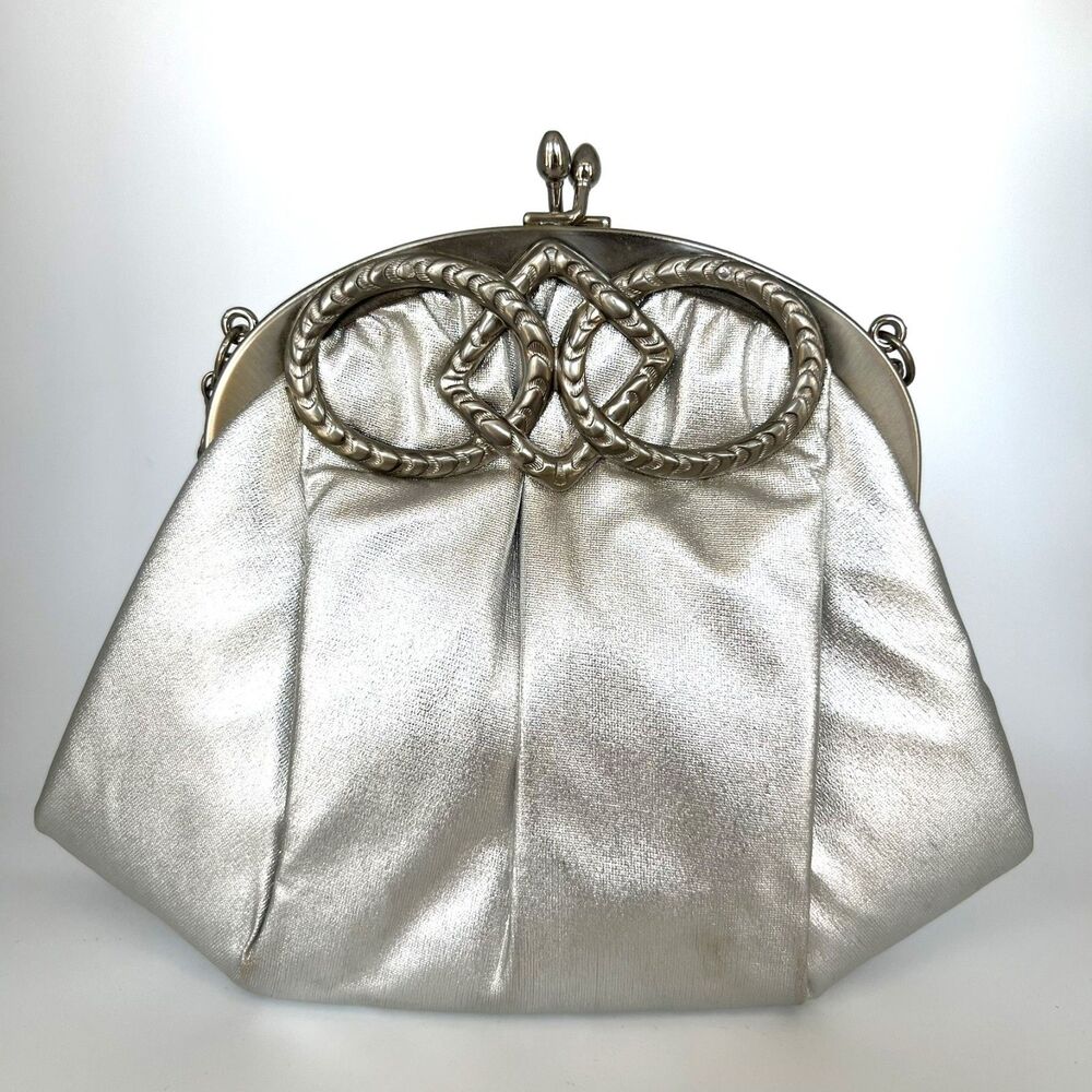 VTG Ande Silver Kiss Lock Clutch Chain Strap Evening Bag 80's Glam Disco Retro
